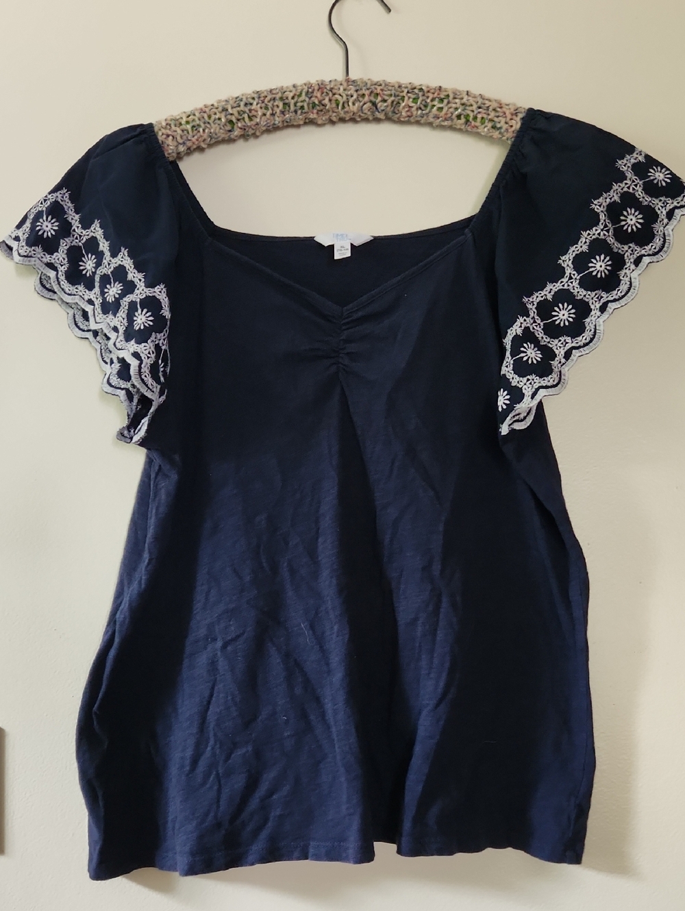 Time and Tru Navy Top with White Embroidered Flutter Sleeves